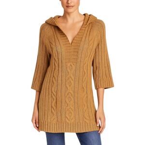 St. John Women's M Hooded Chunky Cable Knit Sweater Tan Wool Blend Longline Cozy